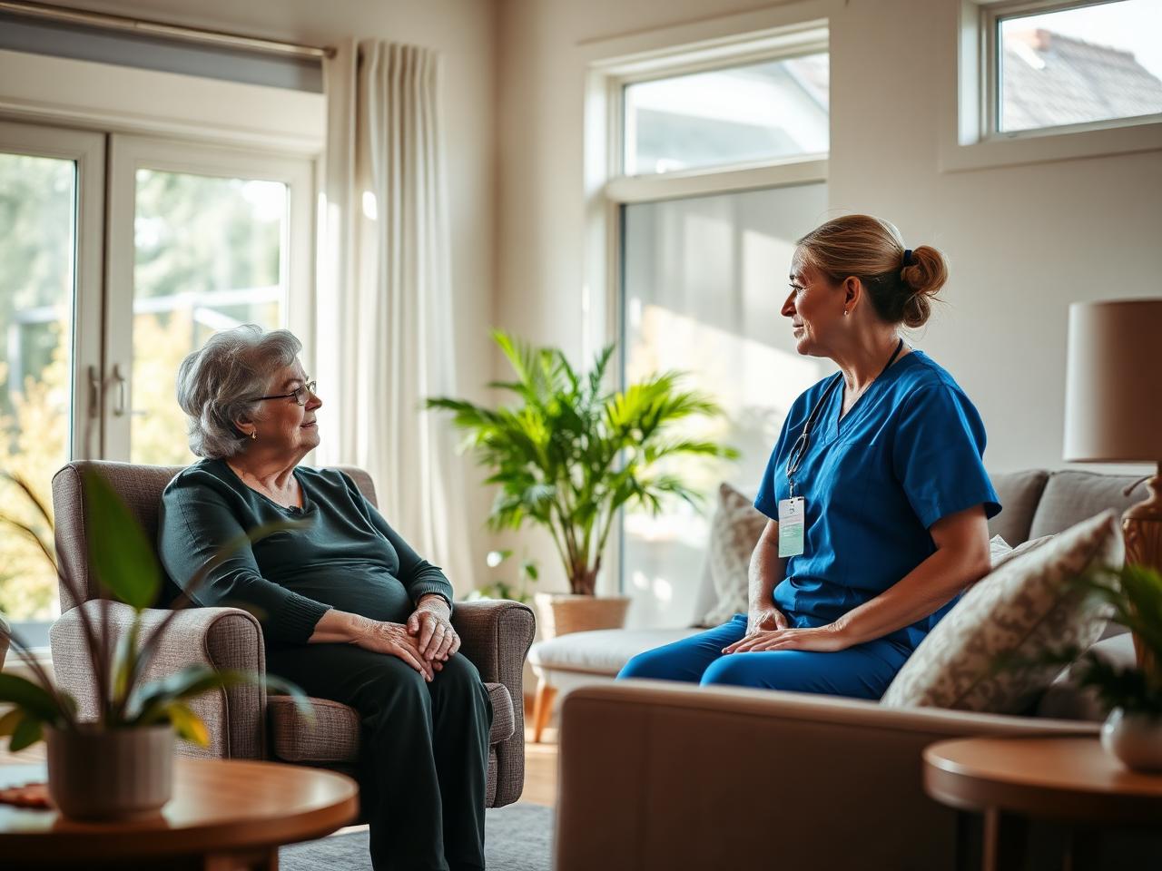 Nurse caring for an elderly resident in a warm, sunlit home